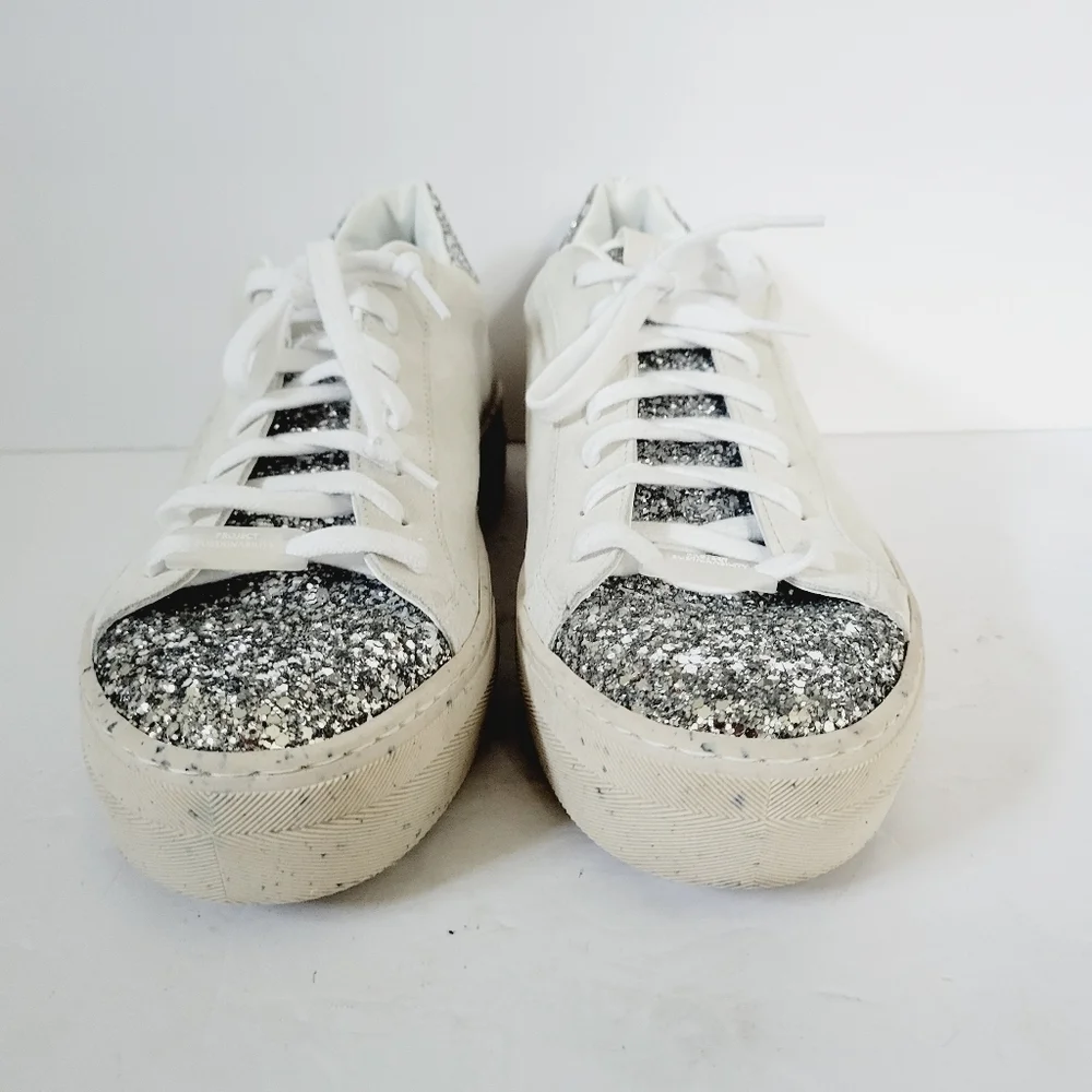 New P448 Thea White Silver Suede Sneakers ,Size 9,5-10 US